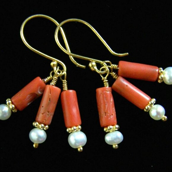 Genuine ITALIAN CORAL & PEARL Earrings 22k Gold Vermeil Colorful Cluster - Picture 1 of 8